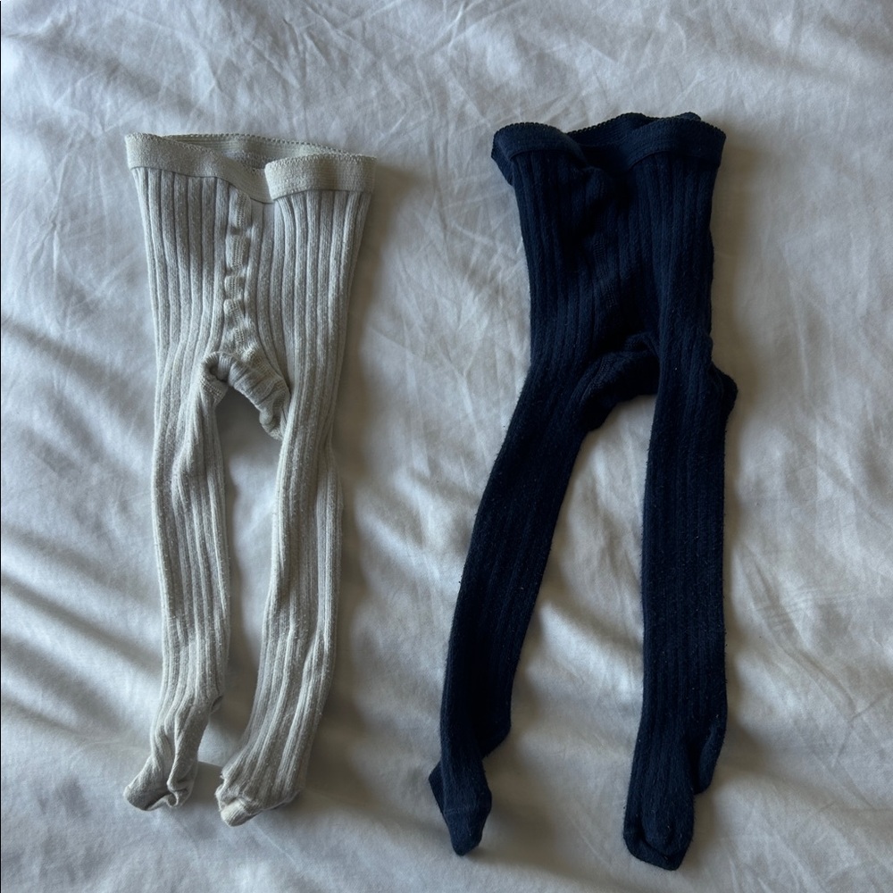 Lot of TWO Hanna Andersson Navy and Cream ribbed knit tights